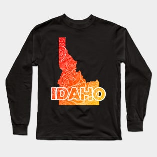Colorful mandala art map of Idaho with text in red and orange Long Sleeve T-Shirt